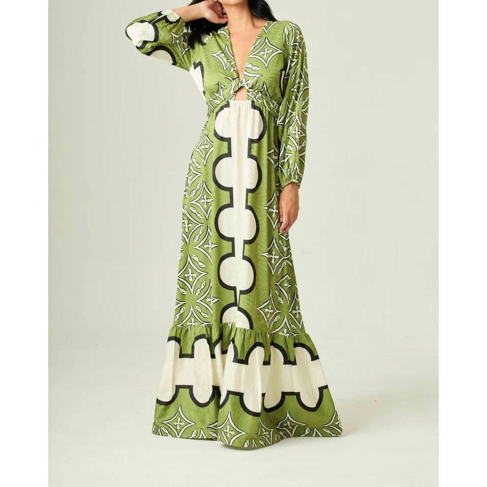 NEW LAVI eva printed maxi dress in green/ ecru